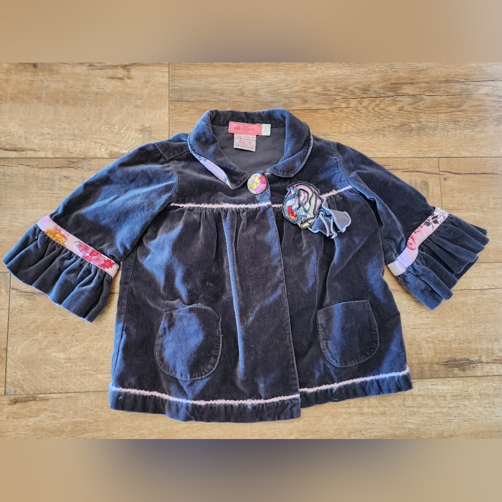 Vintage USA MADE Pink Tangerine 6 Girl Gray Velvet  Jacket Floral Trim 3/4 Sleev